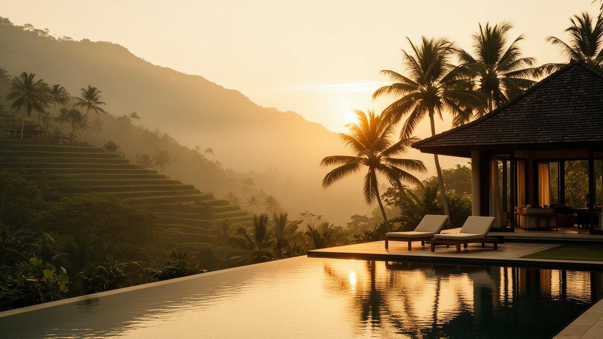 Luxury villa in the Bali jungle at sunset
